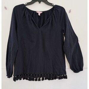 Lily Pulitzer Linzy Long Sleeve Top Tassel Hem Women's Size Small True Navy Blue